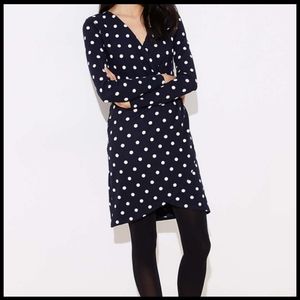 NEW LOFT Navy and White polka dot long sleeve V Neck Dress Faux Wrap Lined